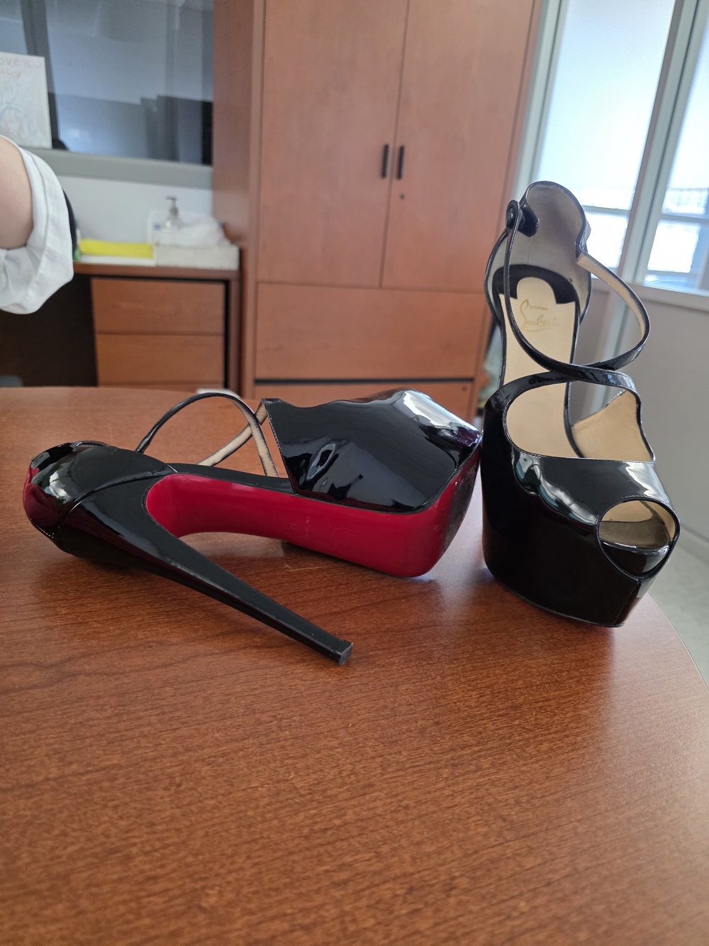 Christian Louboutin Black Patent Platform Peep-Toe Heels with Red Sole